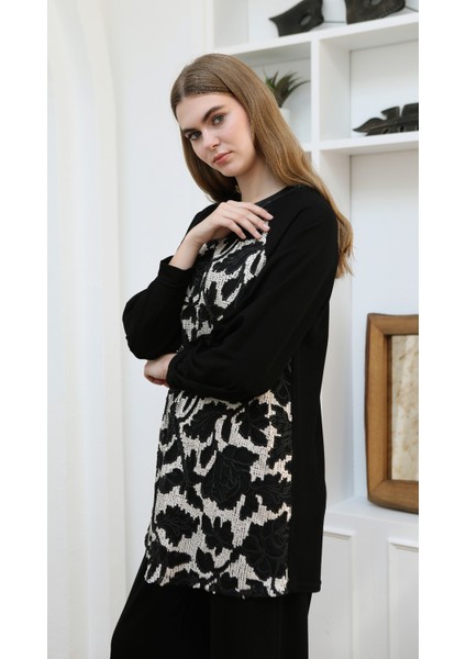 43403 Önü Tül ve Pul Işlemeli Yaprak Desenli Kolu Kat Detaylı Triko Tunik fiyatları