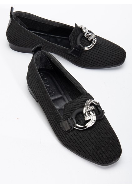 Kadın Siyah Önü Toka Detaylı Triko Babet