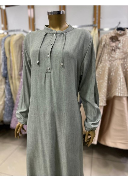 1042 Hakim Yaka Önü Göğüse Kadar Düğmeli Kol Ucu Lastikli Yakası Ip Detaylı Günlük Düz Renk Elbise #05-25#