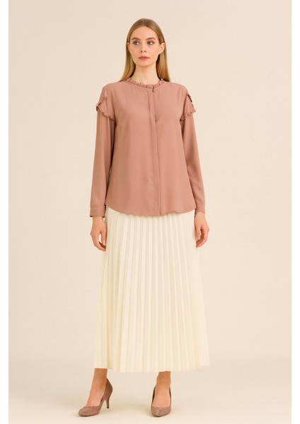 1025 Gömlek Yakası ve Kolları Fırfır Detaylı Önden Gizli Düğmeli Büyük Beden Gömlek Qys Gömlek 1025 #23-043