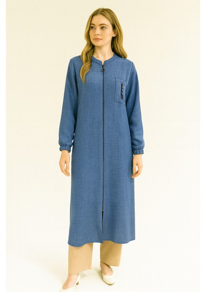 989 Önden Fermuarlı Kol Ucu Lastikli Cep Detaylı Keten Kap #04-25#