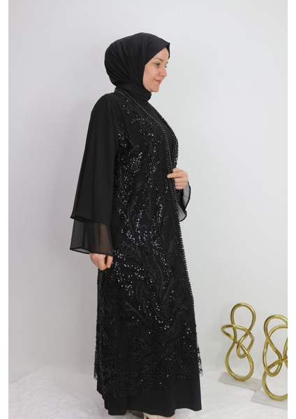 42932 Iç Elbisesi Sandy Kumaş Dış Işleme Boncuk ve Taş Detaylı Kenar Kısım Deri Görünümlü Abaya