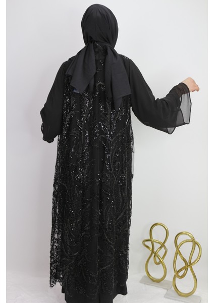 42932 Iç Elbisesi Sandy Kumaş Dış Işleme Boncuk ve Taş Detaylı Kenar Kısım Deri Görünümlü Abaya fırsatları