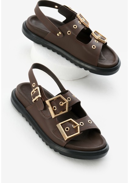 Kadın Kahve Poli Taban Çift Bantlı Tokalı Sandalet