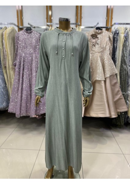 1042 Hakim Yaka Önü Göğüse Kadar Düğmeli Kol Ucu Lastikli Yakası Ip Detaylı Günlük Düz Renk Elbise #05-25# fiyatları