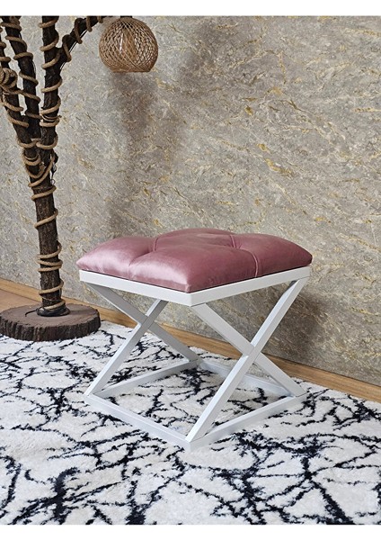 Beyaz Boyalı 45 cm x 45 cm Çaprazlı Puf Bench Oturak Pembe Renk 45 x 45 Boyut/ebat