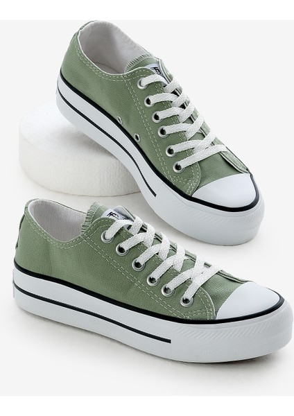 Kadın Mint Yeşili Termo Kalın Taban Bağcıklı Keten Spor Ayakkabı