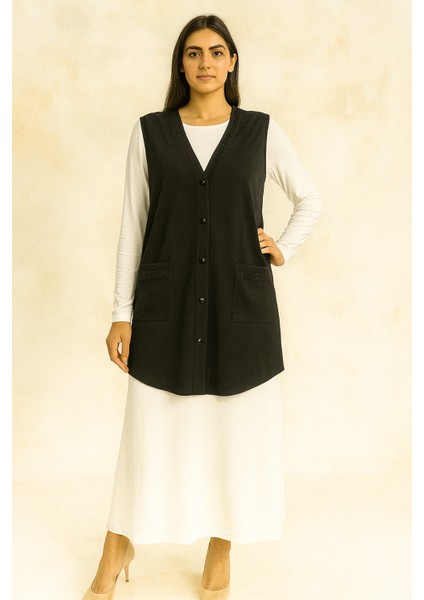 5287 Yelek Önü Taş Işlemeli Düğmeli Cepli Yan Yırmaçlı Yelek Qys Yelek