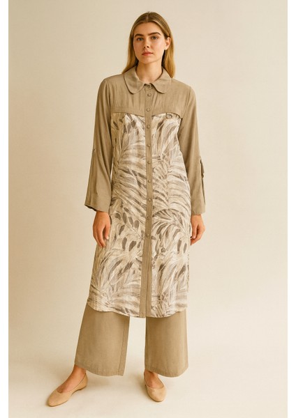 44411 Kolu Katlanabilir Önden Düğmeli Ön Kısmı Desenli Tunik #03-25#