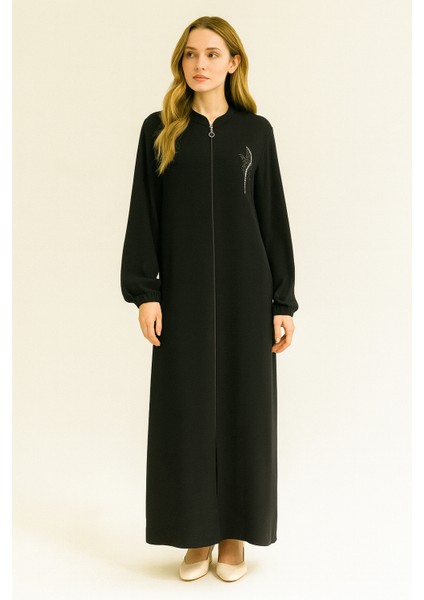 1018 Sıfır Yaka Önü Fermuarlı Taş Detaylı Airobin Ferace #04-25#