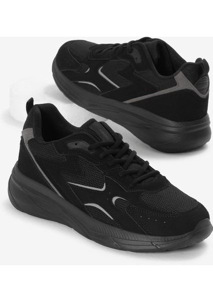 Erkek Siyah Faylon Taban Nefes Alabilen Kumaş Reflektörlü Dalgalı Desenli Spor Ayakkabı