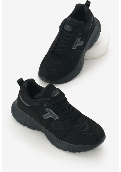 Unisex Siyah Yüksek Faylon Taban Nefes Alabilen Kumaş Bağcıklı Spor Ayakkabı