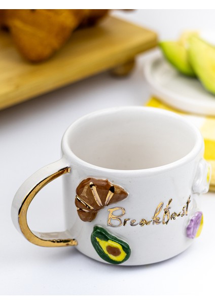 24K Altın Süslemeli Kahvaltı - Breakfast Temalı El Yapımı Seramik Mug indirimleri