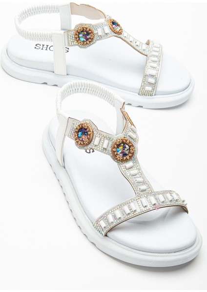 Kadın Beyaz Arkası Lastikli Taş Işlemeli Sandalet fiyatları