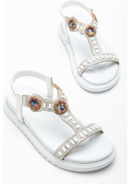 Kadın Beyaz Arkası Lastikli Taş Işlemeli Sandalet modelleri