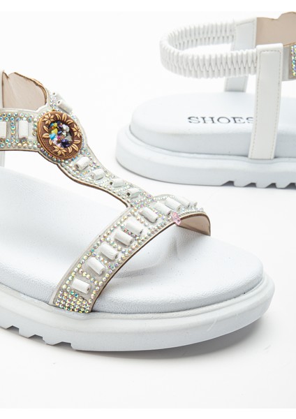 Kadın Beyaz Arkası Lastikli Taş Işlemeli Sandalet fırsatları