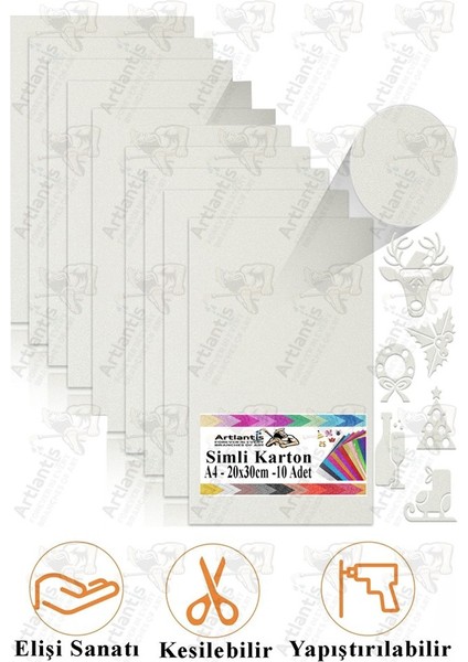Beyaz Simli Karton A4 20X30 cm 10 Lu 1 Paket Simli Fon Kartonu Parıltılı Kağıt Anasınıfı Kreş Etkinlik Proje