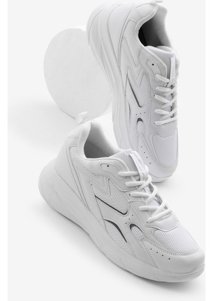 Erkek Beyaz Faylon Taban Nefes Alabilen Kumaş Reflektörlü Dalgalı Desenli Spor Ayakkabı