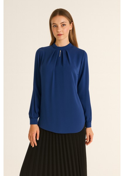 1054 Yakası ve Kolları Taş Detaylı Kol Ucu Düğmeli Fermuarlı Gömlek Qys Gömlek 1054 #23-04#