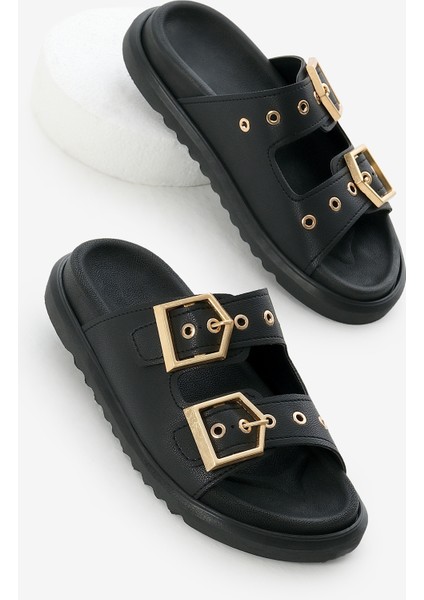 Kadın Siyah Poli Taban Çift Bantlı Tokalı Terlik