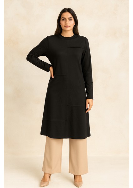 1032 Sıfır Yaka Önü Dikiş Detaylı Çizgi Görünümlü Iki Iplik Günlük Tunik #05-25#