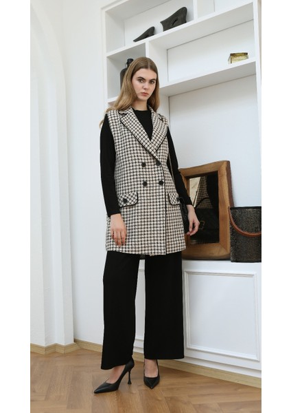 43415 Krauze Yaka Önü Çift Düğmeli Cep Görünümlü Tuit Kumaş Yelek #01-25#