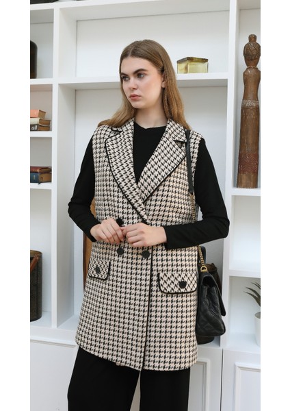 43415 Krauze Yaka Önü Çift Düğmeli Cep Görünümlü Tuit Kumaş Yelek #01-25# fırsatları