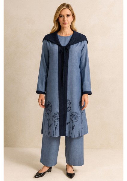 42859 Içi Sıfır Kol Kapişonlu File Detaylı Alt Kısmı Baskılı Iç Dış Üçlü Takım #02-25#