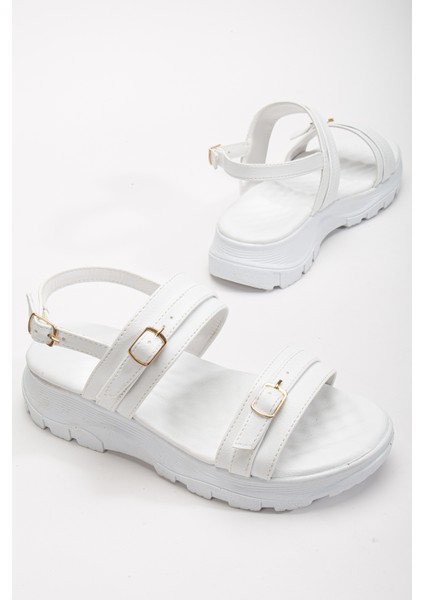 Kadın Beyaz Poli Taban Toka Detaylı Çift Bantlı Sandalet fiyatları