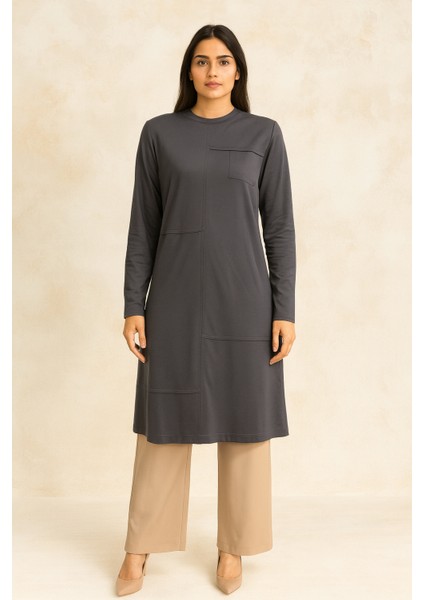 1032 Sıfır Yaka Önü Dikiş Detaylı Çizgi Görünümlü Iki Iplik Günlük Tunik #05-25#