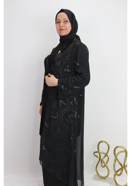 40976 Iç Bluz Uzun Kol Sandy Kumaş Hırka Harf Baskılı Yakası Boydan Detaylı Ikili Takım