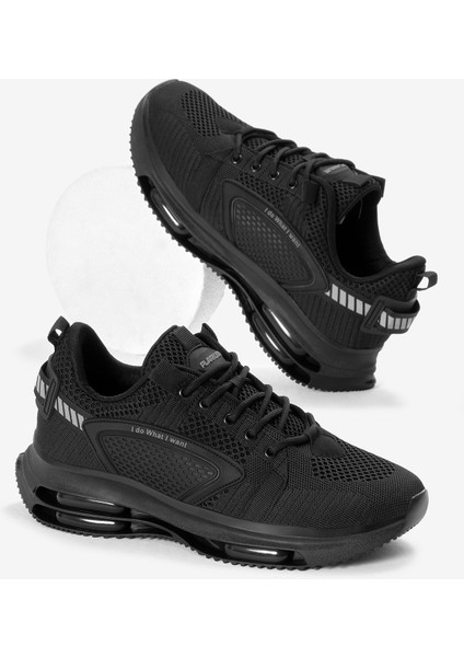 Erkek Siyah Hava Yastıklı Kalın Taban Triko Spor Ayakkabı