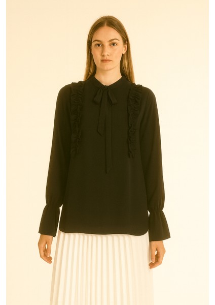 1052 Yakası Flarlı Önü Fırfır Detaylı Kol Ucu Lastikli Hakim Yaka Büyük Beden Gömlek Qys Gömlek 1052 #23-04#