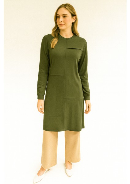 1032 Sıfır Yaka Önü Dikiş Detaylı Çizgi Görünümlü Iki Iplik Günlük Tunik #05-25#