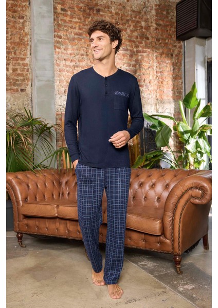 Erkek Aras Kışlık Termal Rahat Lacivert Pijama Takımı 0540