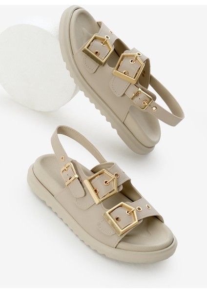 Kadın Bej Poli Taban Çift Bantlı Tokalı Sandalet