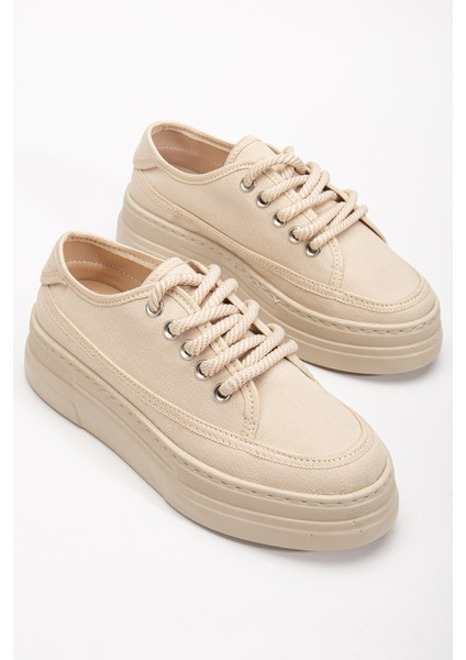 Kadın Bej Poli Taban Keten Halat Bağcıklı Spor Ayakkabı