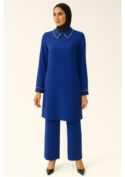 2431 Takım Yaıkası ve Kol Uçlaı Taş Detaylı Pantolonun Beli Lastikli 2 Li Takım Qys Takım 2431 #24-09#