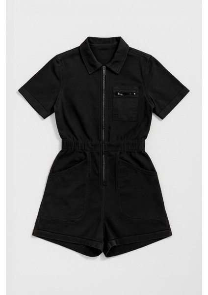 Kadın Kısa Kollu Fermuarlı Beli Lastikli Jean Tulum Şort