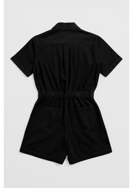 Kadın Kısa Kollu Fermuarlı Beli Lastikli Jean Tulum Şort fiyatları