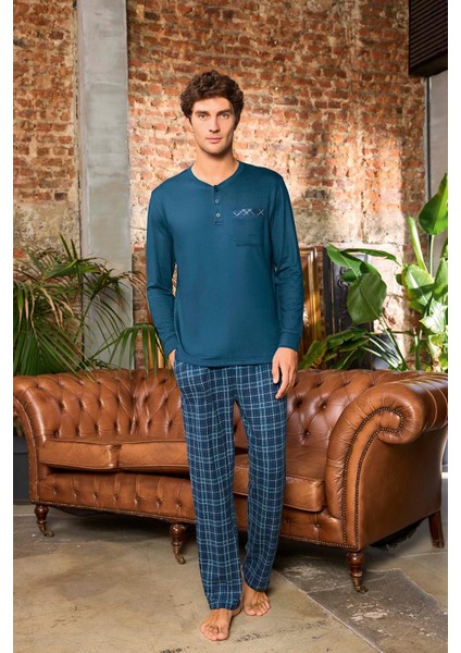 Erkek Aras Kışlık Termal Rahat Petrol Pijama Takımı 0537