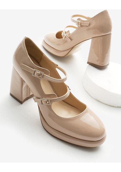 Kadın Ten Neolit Taban Çift Bantlı Kalın Topuklu Ayakkabı