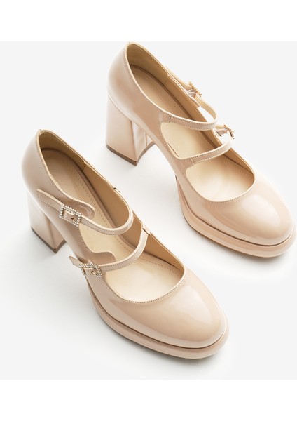 Kadın Ten Neolit Taban Çift Bantlı Kalın Topuklu Ayakkabı modelleri