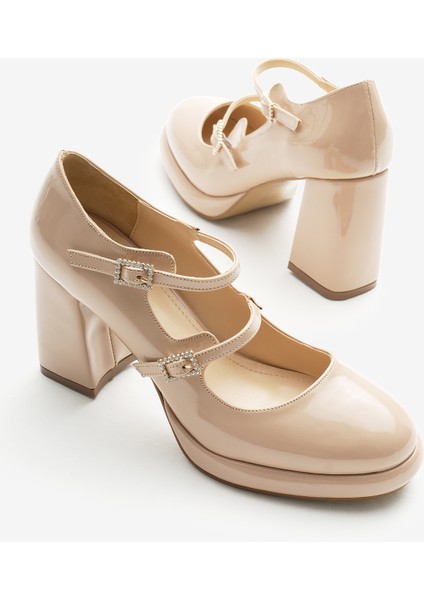 Kadın Ten Neolit Taban Çift Bantlı Kalın Topuklu Ayakkabı fırsatları