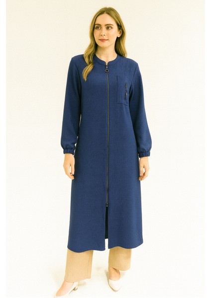 989 Önden Fermuarlı Kol Ucu Lastikli Cep Detaylı Keten Kap #04-25#