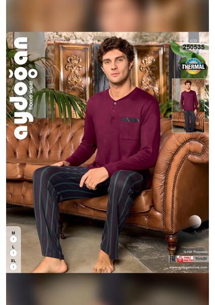 Erkek Aras Kışlık Termal Rahat Bordo Pijama Takımı 0535 modelleri