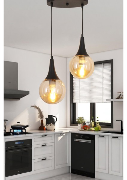 Suzi 2 Li Siyah Sarkıt Avize Bal Camlı Dekoratif Tasarım Yatak Odası Mutfak Salon Avize