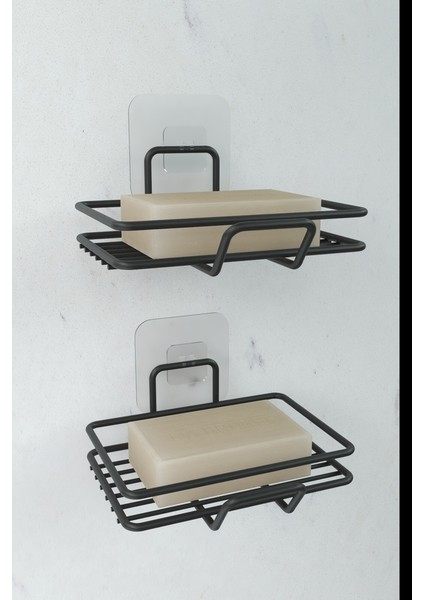 Yapışkanlı 2 Li Set Sabunluk Banyo Mutfak Lavabo Metal Katı Sabunluk Siyah