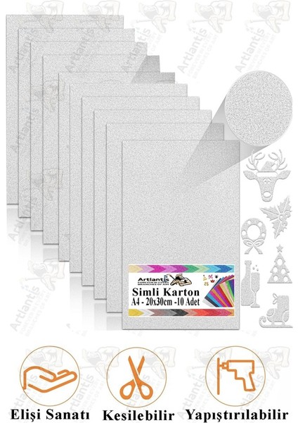 Gümüş Gri Simli Karton A4 20X30 cm 10 Lu 1 Paket Simli Fon Kartonu Parıltılı Kağıt Anasınıfı Kreş Etkinlik Proje