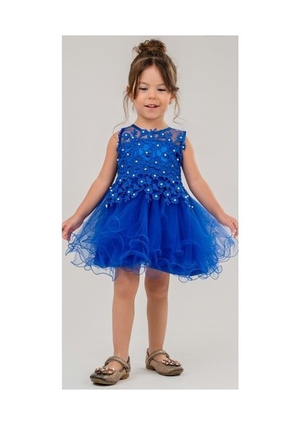 Kız Çocuk Abiye Elbise Boncuk Detaylı Doğum Günü İçin Mavi Renk